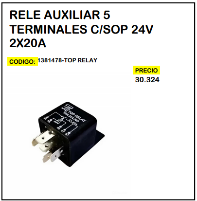 Rele Auxiliar 5 Terminales c/Sop 24V 2x20A