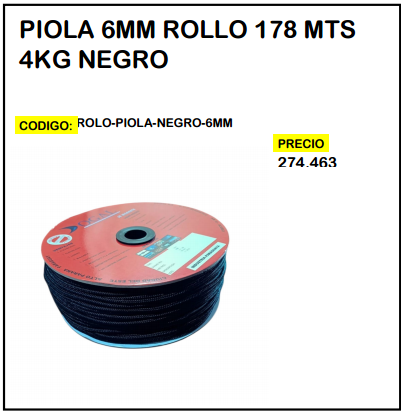 Piola 6mm Rollo 178mts 4kg Negro