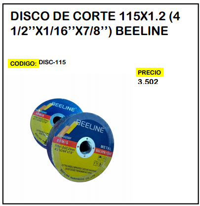Disco de Corte 115x1.2 (4 1/2"x1/16"x7/8") Beeline