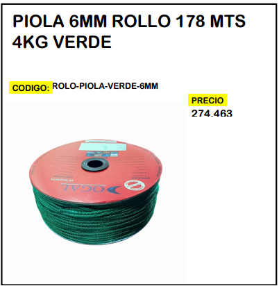 Piola 6mm Rollo 178mts 4kg Verde