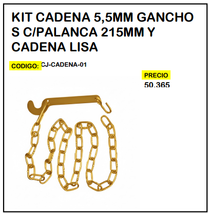 Kit Cadena 5,5mm Ganchos c/Palanca 215mm y Cadena Lisa