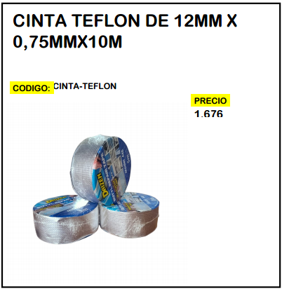 Cinta Teflon de 12mm x 0,75mm x 10m