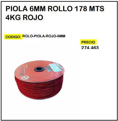 Piola 6mm Rollo 178mts 4kg Rojo