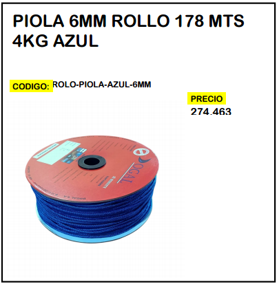 Piola 6mm Rollo 178mts 4kg Azul