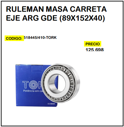 Rulemán Masa Carreta Eje Arg Gde (89x152x40)