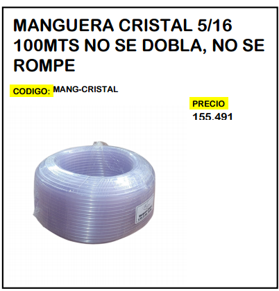 Manguera Cristal 5/16 100mts No Se Dobla, No Se Rompe