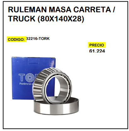 Rulemán Masa Carreta / Truck (80x140x28) Tork