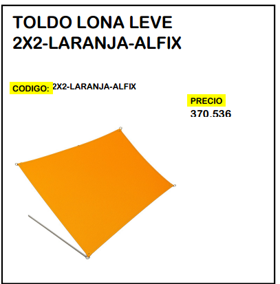 Toldo Lona Leve 2x2 Naranja Alfix