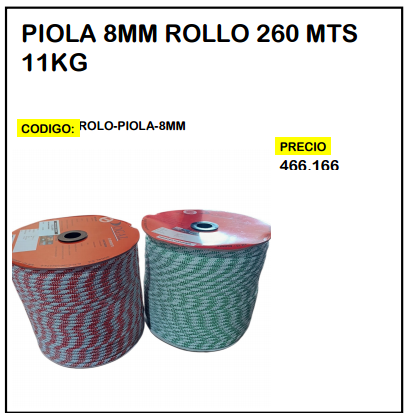 Piola 8mm Rollo 260mts 11kg