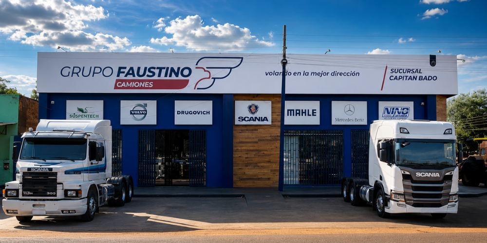 Sucursal Capitán Bado de Grupo Faustino, con un Scania 113 antiguo a la izquierda y uno de la generación nueva a la derecha
